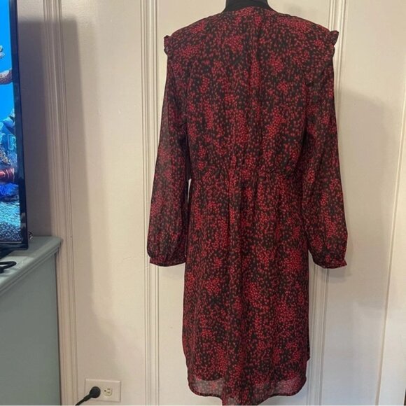 Beachlunchlounge Size M Red Black Kelsea Babydoll Semi Sheer Flowy Ruffle Dress - Picture 8 of 13